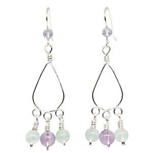 Handmade Fluorite Gemstone Chandelier Earrings Purple Green Beaded Silver Boho